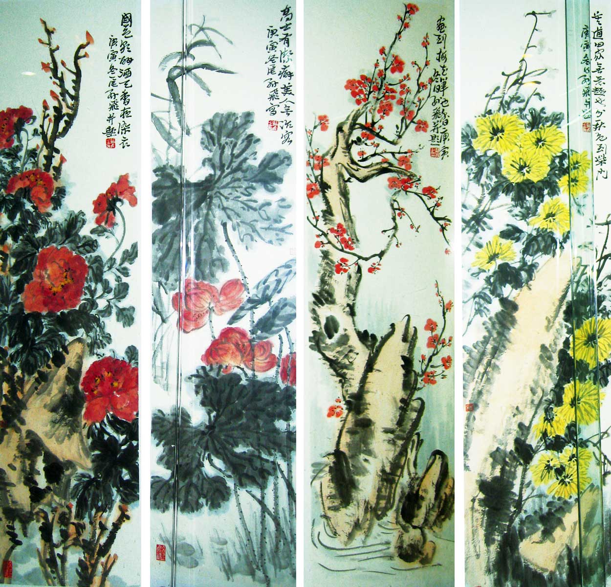 G153  136cmx35cmx4cm 16平尺-花鸟四条屏