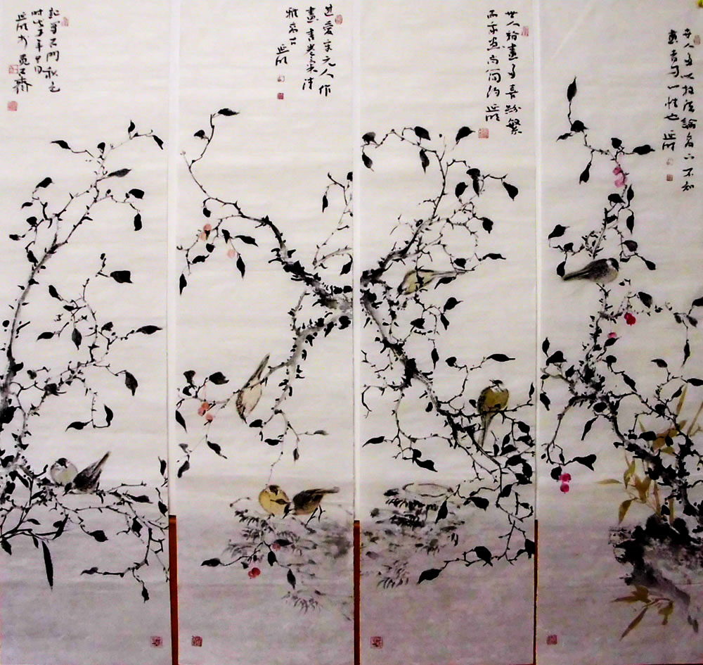 G043  138cmx35cmx4 4.35平尺x4 花鸟四条屏 价格面仪